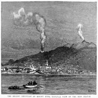 Sicilija: vulkan Etna, 1886. Nedavna erupcija planine Etna na Siciliji. Linearna gravura, 1886. Ispis plakata od