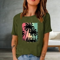 modni topovi za žene, majice kratkih rukava, široka lagana bluza, vrhovi za plažu s kokosovim palmama, vrhovi s okruglim vratom,