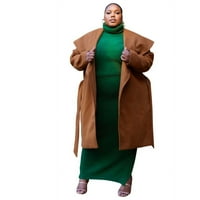 Ženski kaput veličine Plus sa širokim ovratnikom i remenom-smeđi-5 inča