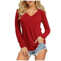 Crvene majice za žene, široka bluza, modni gornji dio, ležerni izrez u obliku slova, dugi ženski Rukav u boji, jednobojna Ženska