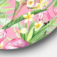 DesignArt 'žuti cvjetovi, tropsko lišće s Flamingo iii' Moderni krug metal zidne umjetnosti - disk od 23 godine