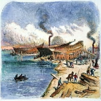 Brodogradilište iz 18.stoljeća. Brodogradilište u Novoj Engleskoj. Američka grafika, 19. stoljeće. Ispis plakata od
