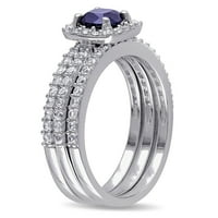 Set vjenčanih prstenova od srebra od srebra od srebrnog plavog Safira mekog reza i bijelog Safira okruglog reza od srebra