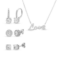 Lesa Michele Rhodium pozlaćena sterling srebrna kubična cirkonija ljubavna ogrlica i četiri kubična naušnica cirkonija