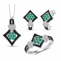 Carat T.G.W. Smaragdni i crno-bijeli dijamantni naglasak Sterling Silver 3-komad set nakita