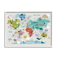 Stupell Industries Oštrice i divlje životinje ilustracije Svjetske karte Dijagram Karata Framed Wall Art, 24, Dizajn Lisa Perry Whitebutton