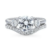 Vjenčani prstenovi od 3 kamena od srebra, set ženskih kubičnih cirkonijevih pletenih prstenova presvučenih rodijem, veličina 5