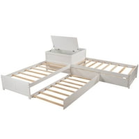 Krevet na platformi u obliku slova L s ladicama povezan s ugrađenim sklopivim stolom, Blizanac, Bijela