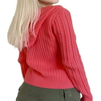 + Ženska uklopljena heklana ležerna majica s kapuljačom u ružičastoj boji jednobojni džemper s patentnim zatvaračem dugih rukava