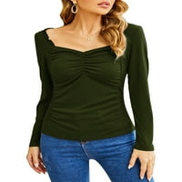 ; / Ženska majica četvrtastog vrata, jednobojna majica, radna bluza od tunike s dugim rukavima, vojna zelena;