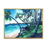 Dizajnerska umjetnost tropska plaža u ljetnom raju s palmama u nautičkom i obalnom stilu, uokvireni zidni otisak na platnu