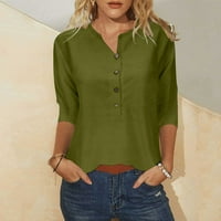 Ljetni vrhovi za žene, Ženska ležerna majica s rukavima i gumbima, bluza s printom na vratu u vojno zelenoj boji