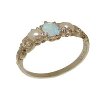 Ženski prsten od bijelog zlata od 14 karata britanske proizvodnje s prirodnim opalom i kultiviranim biserima - opcije veličine