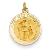 Prekrasan šuplji privjesak s medaljom za prvu pričest u poliranom satenu od 14 karata
