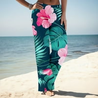 Ljetne hlače širokih nogavica za plažu za žene casual sa svijetlim cvjetnim printom rastezljive ravne hlače visokog struka široke