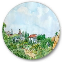 DesignArt 'Bijela kuća s crvenim krovom u bujnom zelenom selu' tradicionalna metalna zidna umjetnost kruga - disk od 29