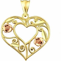 Zlato 10kt Zlatno otvoreno srce s cvjetovima i lišćem dizajn šarm privjesak