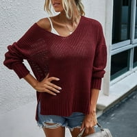 Ženski modni široki pulover s izrezom u obliku slova u, jednobojni džemper s dugim rukavima, vrhovi u obliku slova U, u obliku slova