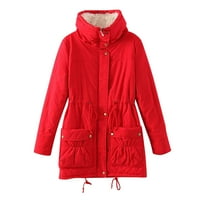 Ženski jesensko-zimski topli kaput s kapuljačom casual parkovi kaput s džepom od flisa gornja odjeća jakna s vezicama crvena ae