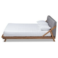 Moderni svijetlo bež drveni krevet s platformom veličine MBP presvučen tkaninom iz sredine stoljeća