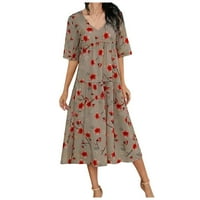 Ljetne haljine za žene Midi haljina s kratkim rukavima s cvjetnim printom A kroja haljina s izrezom u obliku slova A, smeđa, a