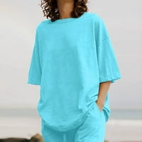 Ljetna odjeća za žene, kompleti pamuka i lana, prevelike majice za dečka, ravne hlače, Plus size Trenirka, plava 5 inča
