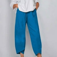Ženske hlače Pune dužine jednobojne Ležerne dnevne hlače visokog struka kombinezon od pamuka i lana ošišane hlače Trenirke Plava,