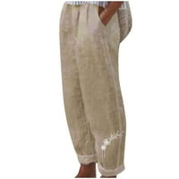 Ženske pamučne lanene hlače s printom maslačka, Kapri visokog struka, široke ošišane Kaki hlače