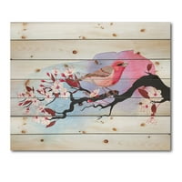 DesignArt 'ružičasta ptica sjedi na trešnjevoj grani' Tradicionalni otisak na prirodnom borovom drvetu