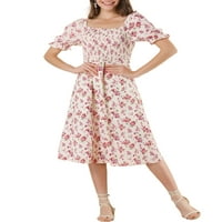 Jedinstvene povoljne ponude ženski kvadratni vratni puff rukavi Strep Struk midi cvjetna haljina