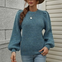 Preveliki džemperi za žene, Trendi ležerni puloveri u punoj boji s rukavima s lampionima, pleteni vrhovi s dugim rukavima s okruglim