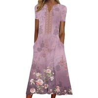 Ljetne duge haljine za žene Vintage maturalna haljina A kroja s kratkim rukavima s printom vruće ružičaste boje;