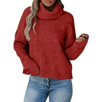 Ženski džemperi u veličini Plus, povremeni pleteni zimski džemperi s okruglim vratom s dugim rukavima, crveni džemperi u veličini