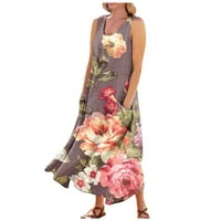 Ležerne haljine za žene A kroja bez rukava do gležnja, široka cvjetna haljina s okruglim vratom, ružičasta