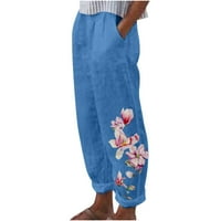 Ženske kratke hlače od pamuka i lana s elastičnim strukom capri s cvjetnim printom ljetne dnevne hlače s džepovima