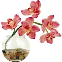 14 Umjetni kimbidij orhideja u staklenoj vazi s riječnim stijenama i akrilnom vodom