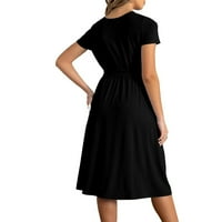 Ležerne jednobojne crne ženske haljine A kroja s okruglim vratom i kratkim rukavima