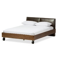 Rustikalni industrijski krevet od oraha, istrošena koža u boji faa, tamna bronca, metal, krevet na platformi veličine Number-Number