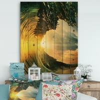 DesignArt 'Ocean -valovi u boji koji padaju na Sunset VII' Moderni print morske obale na prirodnom borovom drvetu