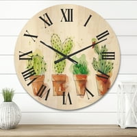 DesignArt 'kaktusi u nježnim tonovima u keramičkim posudama I' tradicionalni drveni zidni sat