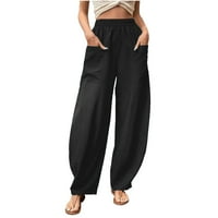 Lanene hlače Za Žene, Ležerne široke široke teretne hlače s džepovima, ljetne hlače s elastičnim strukom, široke sportske hlače
