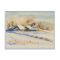 Malo selo u večernjim satima prekriveno snijegom uokvirenim slikanjem platna umjetnički tisak