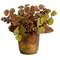 Gotovo prirodni 12-inčni aranžman umjetnog cvijeća s jesenskim eukaliptusom, šišarkama i bobicama u ukrasnoj vazi u smeđoj boji