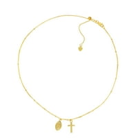 ženska ogrlica od lanca od 14 karata od žutog zlata, podesiva do 16 inča, s ogrlicom od perli s privjeskom Djevice Marije i križem