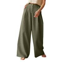 Ženske jednobojne hlače s visokim strukom, Ležerne pamučne lanene hlače na kopčanje, joga hlače širokih nogavica Plus veličine, ženske