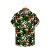 Havajska košulja za dječake Flamingo sa zelenim lišćem, cvjetni vrhovi kratkih rukava, odjeća za plažu, majice na kopčanje za muškarce,