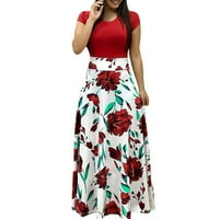 Sundresses za žene, ženska modna ležerna Maksi haljina s kratkim rukavima S cvjetnim printom, Svečana duga haljina, crvena