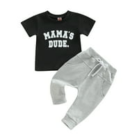 Ljetni Komplet odjeće za dječake, majica kratkih rukava s okruglim vratom s printom slova iz crtića + jednobojne duge hlače