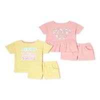 Djeca iz Ganimals Girls Grafičke majice za tisak, majica Peplum i čvrste kratke hlače, 4-komad set odjeće, veličine 4-10