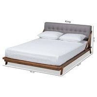 Moderni drveni krevet na platformi veličine MP-a-MP s presvlakom od sive tkanine iz sredine stoljeća u MP-u